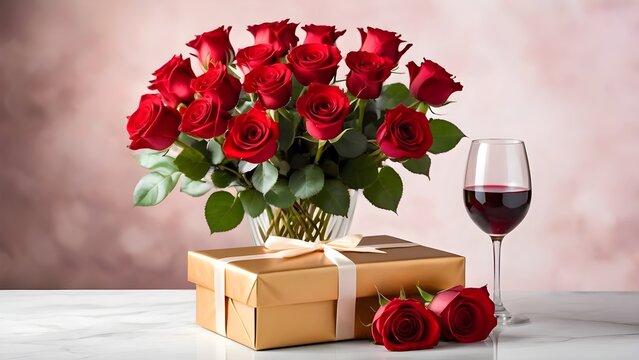 Romantic Dinner. Bouquet of flowers lying on the table, selective focus on bunch of roses, glasses of wine, gift box on the wooden desk. Date concept, blurred background, banner, copy space