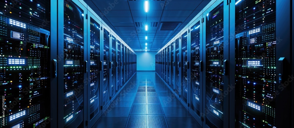 Poster corridor in active data center with rack servers and supercomputers.