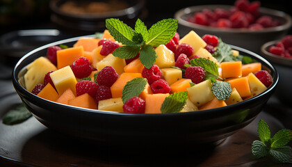 Fresh fruit salad in a wooden bowl, refreshing and healthy generated by AI