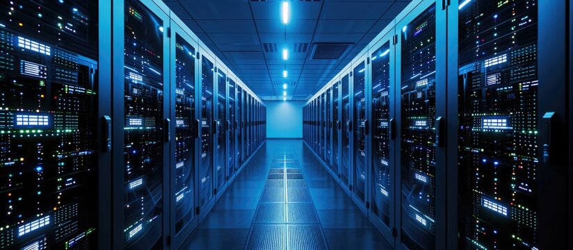 Corridor in active data center with rack servers and supercomputers.