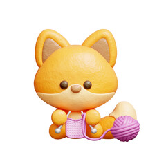 3D cute fox knitting, Cartoon animal character, 3D rendering.