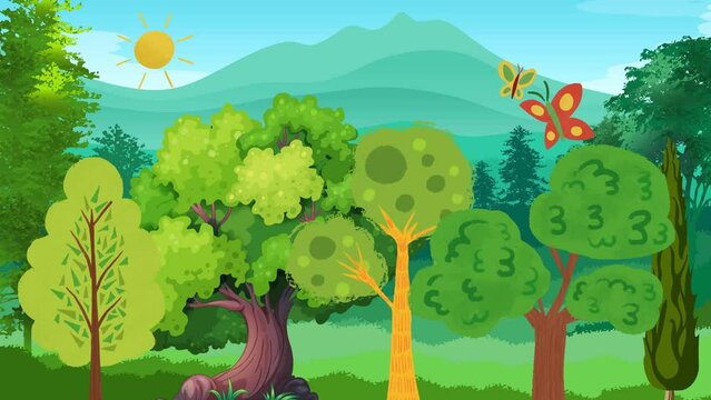 The colorful animation of nature, swaying trees and the sky.