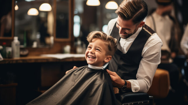 The Transformation, A Master Barber Skillfully Crafts a Young Boys Hairdo in a Vibrant Barber Shop Setting