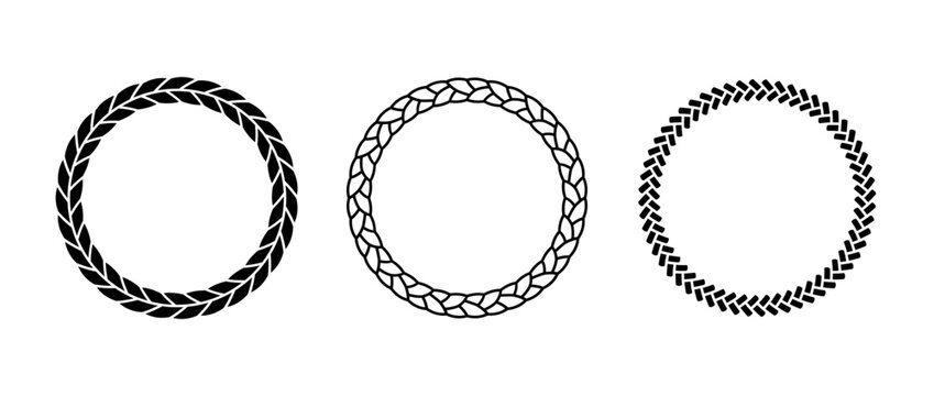 Set of rope frames. Round cord border collection. Circle rope wreath loop pack. Chain, braid, plait borders bundle. Circular design elements for decoration, banner, poster. Vector decorative frames