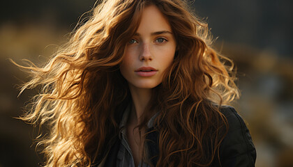 Naklejka premium Young adult woman with long brown curly hair, looking at camera generated by AI