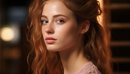 Fototapeta premium Beautiful young woman with long brown hair generated by AI