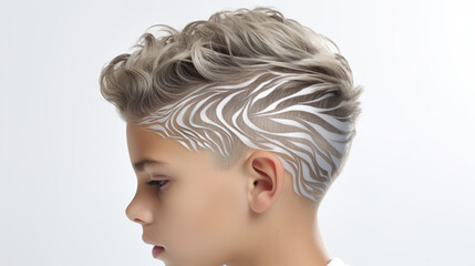Zebra Dreams, A Vibrant and Playful Boy Sporting a Mohawk Undercut With a Striking Zebra Pattern on His Hair