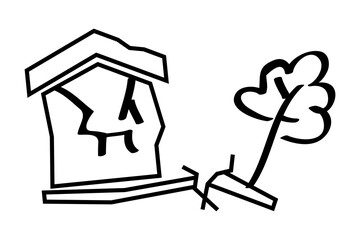 earthquake, house and tree, simple vector hand draw sketch, isolated on white