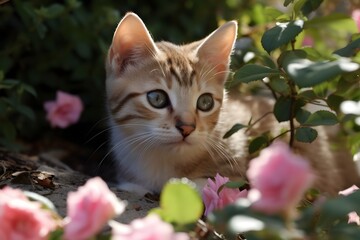 Naklejka na ściany i meble a kitten hides on the ground and looks up, long view, green leaves, pink rose petals falling in the wind