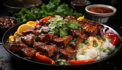 Fototapeta premium Grilled meat and vegetables on a plate, a gourmet meal generated by AI