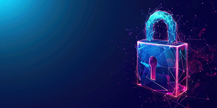 Electronic circuit futuristic neon padlock. Copy paste empty place for text. Cyber, personal data, privacy information security. Internet networking protection security system cybersecurity concept