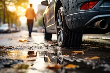 Fotobehang Autumn Spring travel, a person in front of a car. Concept of driving and driving safety. Close-up side view of car wheels with rainy tires on a wet road with day light  © Valeriia