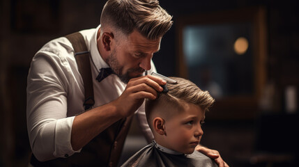 Harmonious Dance of Transformation, A Masterful Barber Perfects a Boys Coiffure