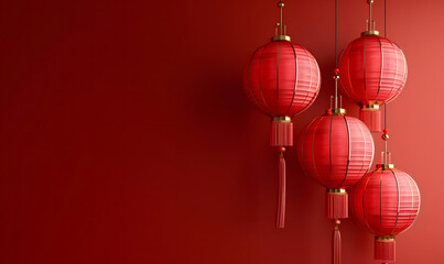Minimalist Chinese Lunar New Year background with red lanterns on a red solid backdrop, copy space.
