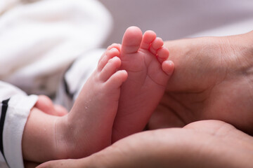 Obraz na płótnie Canvas Newborn soft baby feet body part delicate motherhood 