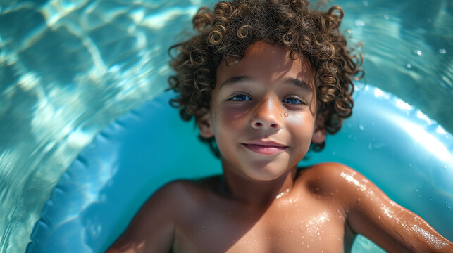 Young boy on a pool float