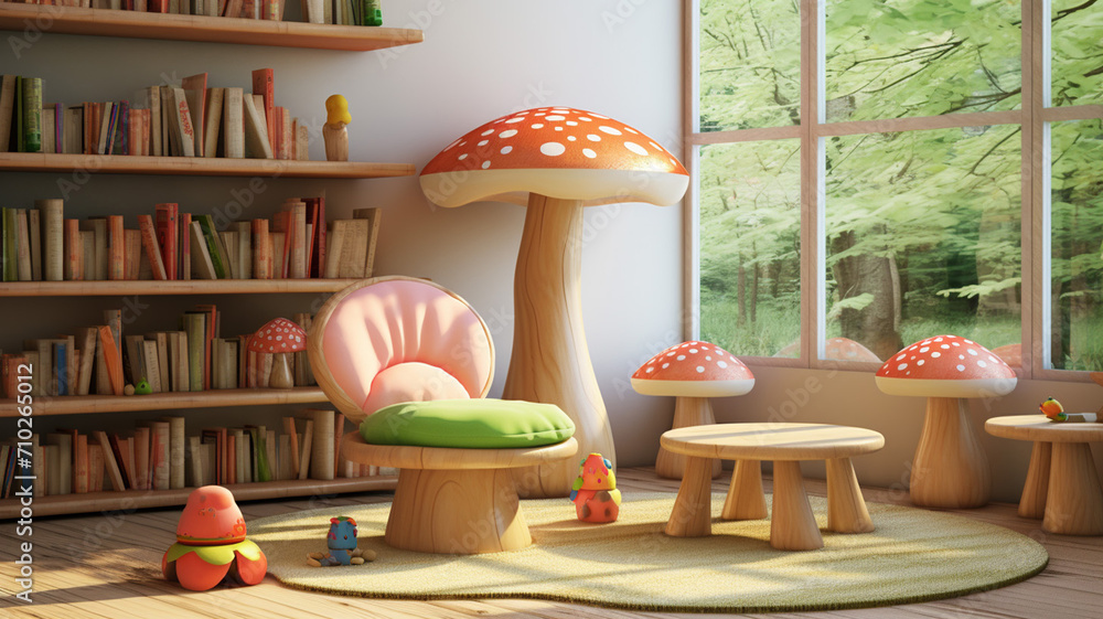 Poster Toadstool Table Set in a reading corner paired bookshelf design