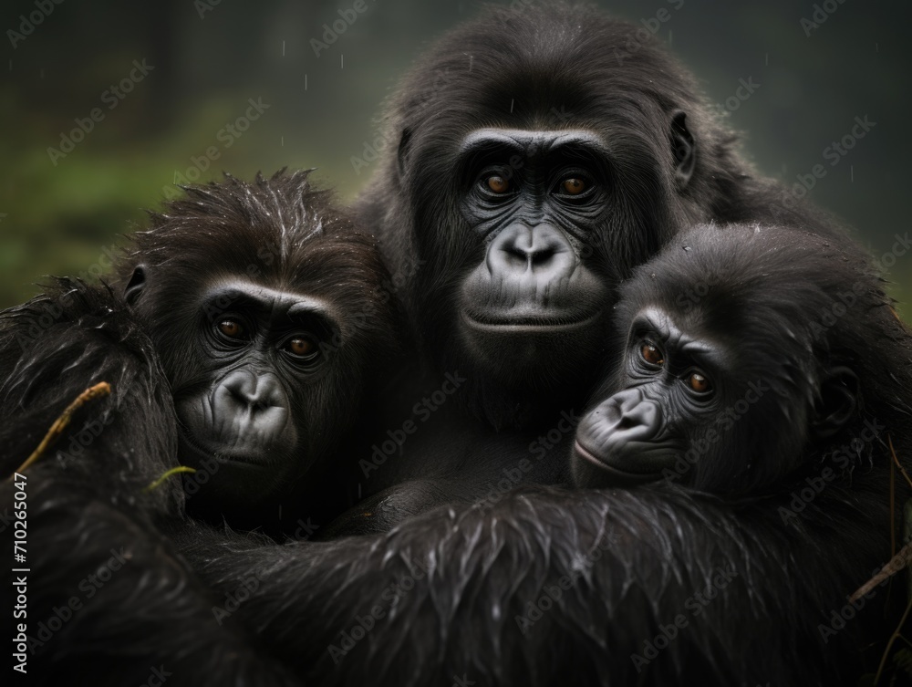 Poster three gorillas are hugging each other in the rain. generative ai.