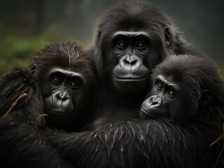 Fototapeta premium Three gorillas are hugging each other in the rain. Generative AI.