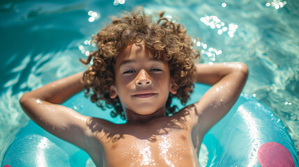 Young boy on a pool float