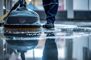 Cleaning Floor with Polishing Machine Indoors. Generative ai - obrazy, fototapety, plakaty