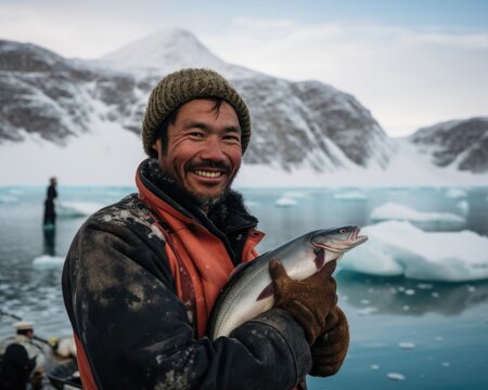A man smiles while holding a fish. Generative AI.