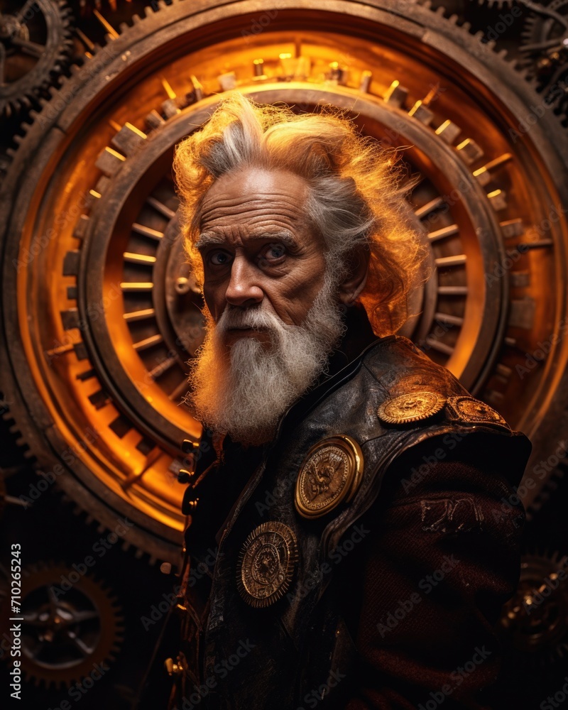 Poster an old man with a beard and a clock in front of him. generative ai.