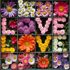 Word LOVE made from flowers. Florist, flowers market concept. 