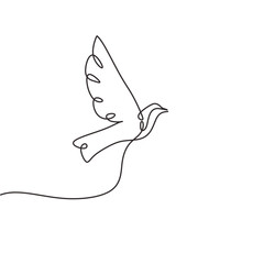 Pigeon continuous line art drawing. Dove bird flying with wings. Vector illustration isolated. Minimalist design handdrawn.