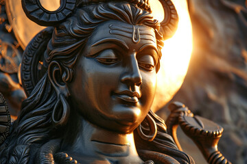 Statue of head of indian hindu Lord Shiva hand holding Trident sitting on mountaint in sunset sunrise time. God Shiva epic pose with trishula, magic in hand for print, poster. Hindu religious art