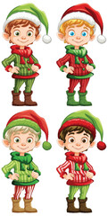 Four cheerful elves in festive holiday attire.