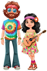 Obraz na płótnie Canvas Cartoon hippies with colorful attire and guitar.