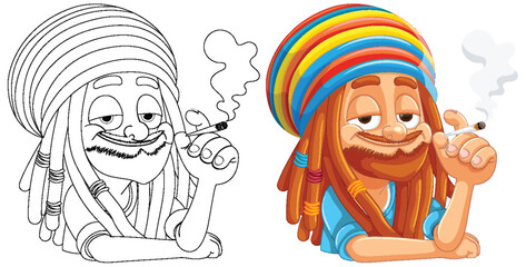 Two happy Rastafarian men smoking and relaxing.