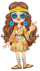 Cartoon of a girl dressed in colorful hippie attire.
