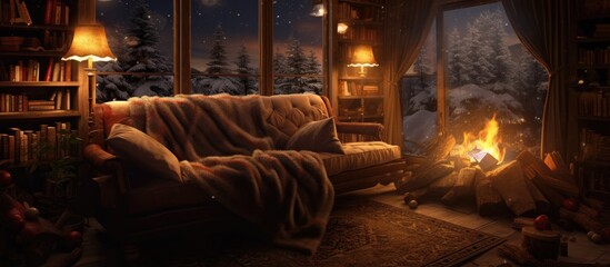 Obraz na płótnie Canvas Teenager reading book on cozy sofa in log house on winter evening.