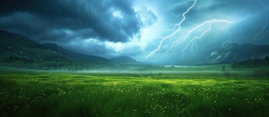 Green meadow with thunderstorm featuring lightning.