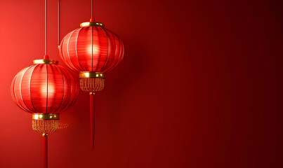 Minimalist Chinese Lunar New Year background with red lanterns on a red solid backdrop, copy space.