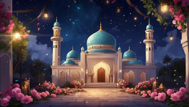 Animated mosque during ramadan with anime ilustration style. seamless looping time-lapse 4k animation video background
