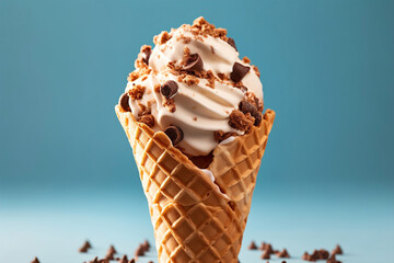 A close-up view of a chocolate chip ice cream cone. (Generative AI)