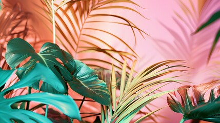 An arrangement of tropical foliage in pastel colors, superimposed on a celestial backdrop. generative AI