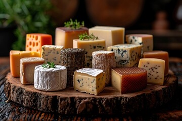 various types of cheese on rustic wooden table