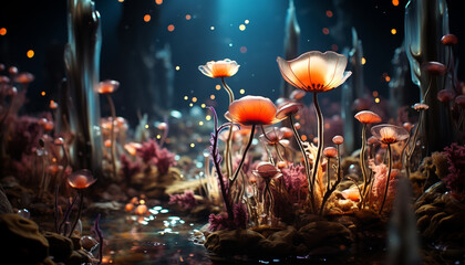 Underwater plant blooms in multi colored beauty, surrounded by aquatic life generated by AI - obrazy, fototapety, plakaty