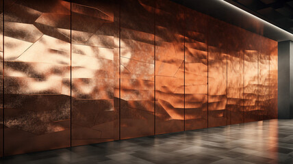 Hammered Copper Wall with indirect lighting that casts pattern