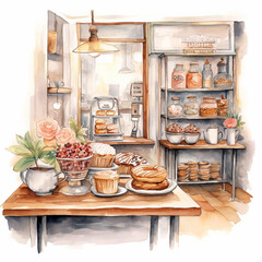 Fototapeta na wymiar Watercolor Illustration of a Vintage Bakery Counter with Desserts and Coffee