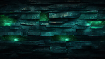 Layered Slate Wall with strips of emerald green light - obrazy, fototapety, plakaty