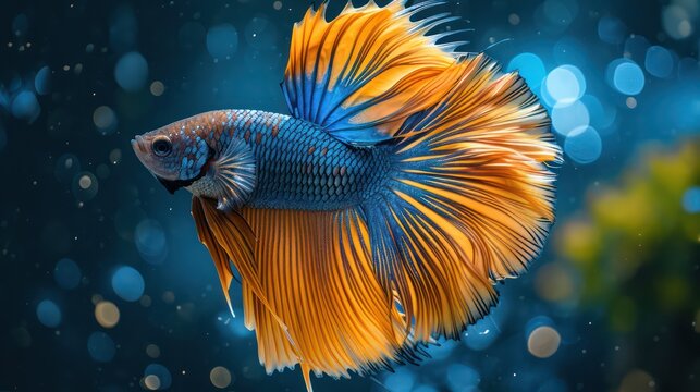 A stunning blue orange Betta fish displays a vibrant and colorful tail against a natural background