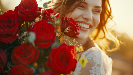 a beautiful happy woman with a bouquet of red roses
