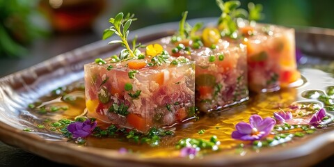 Salceson Culinary Mastery - Visual Tapestry of Meat Aspic, Marinated to Perfection - Each Slice Reveals Layers of Flavor - Harmonizing Savory and Delicate Notes - Soft, Indirect Lighting - obrazy, fototapety, plakaty
