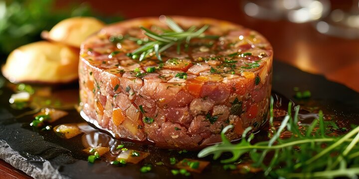 Salceson Culinary Mastery - Visual Tapestry of Meat Aspic, Marinated to Perfection - Each Slice Reveals Layers of Flavor - Harmonizing Savory and Delicate Notes - Soft, Indirect Lighting