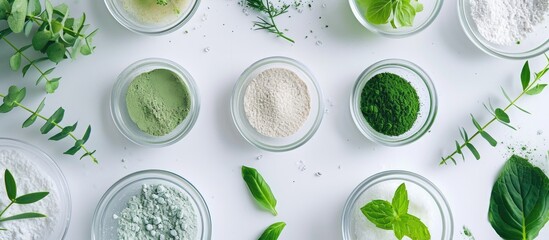 Laboratory research on natural cosmetics, using lab glassware and petri dishes, testing efficiency in vitro with clay powder and green leaves. - obrazy, fototapety, plakaty